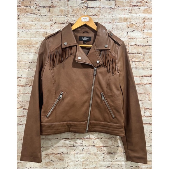 CoffeeShop Junior's Brown Faux Leather Fringe Moto Jacket Size L - Picture 1 of 9